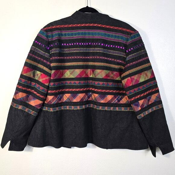 Coldwater Creek Jacket Women's 16 Black Denim Multicolored Embellished Artsy - Picture 2 of 15